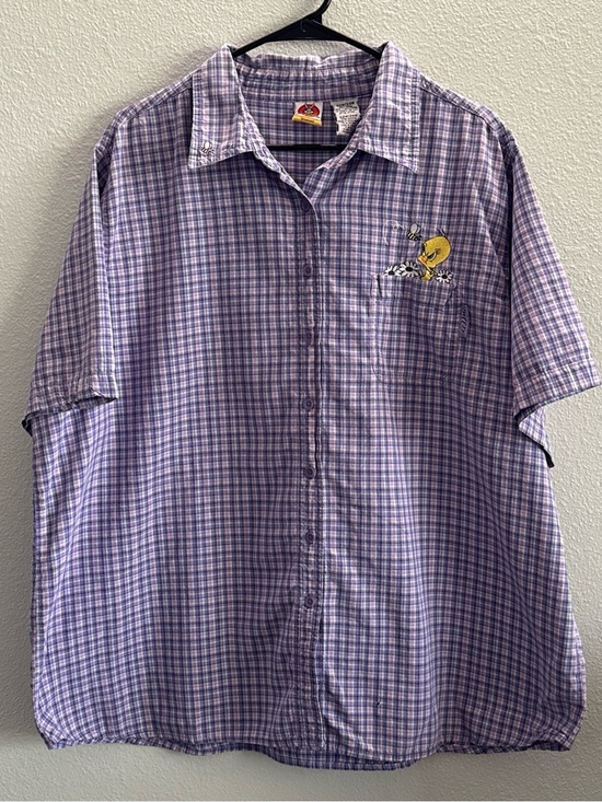 Warner Bros. Tops - Looney Tunes Tweety Bird Plaid Button Front Shirt Women’s 22W 24W Purple Y2K